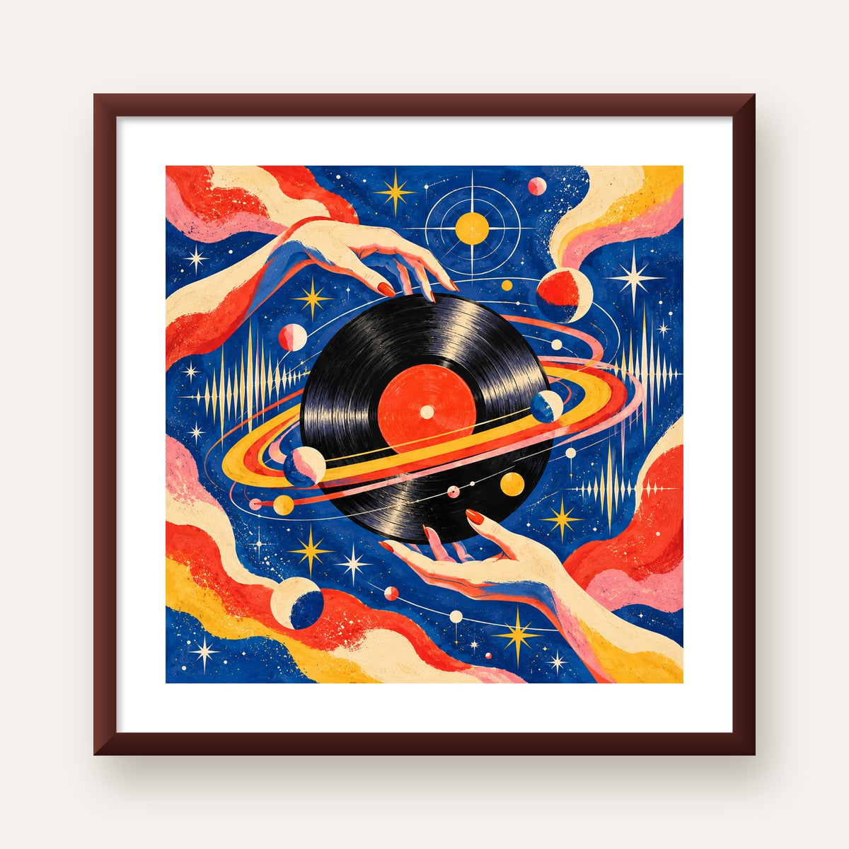 Uzay ve Plak Temalı Retro-Fütüristik Poster Baskı — ceviz çerçeveli paspartulu