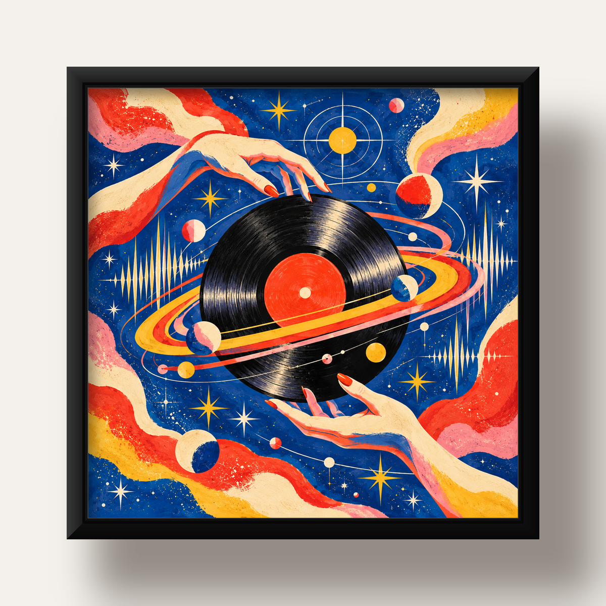 Uzay ve Plak Temalı Retro-Fütüristik Poster Baskı — siyah derin çerçeveli