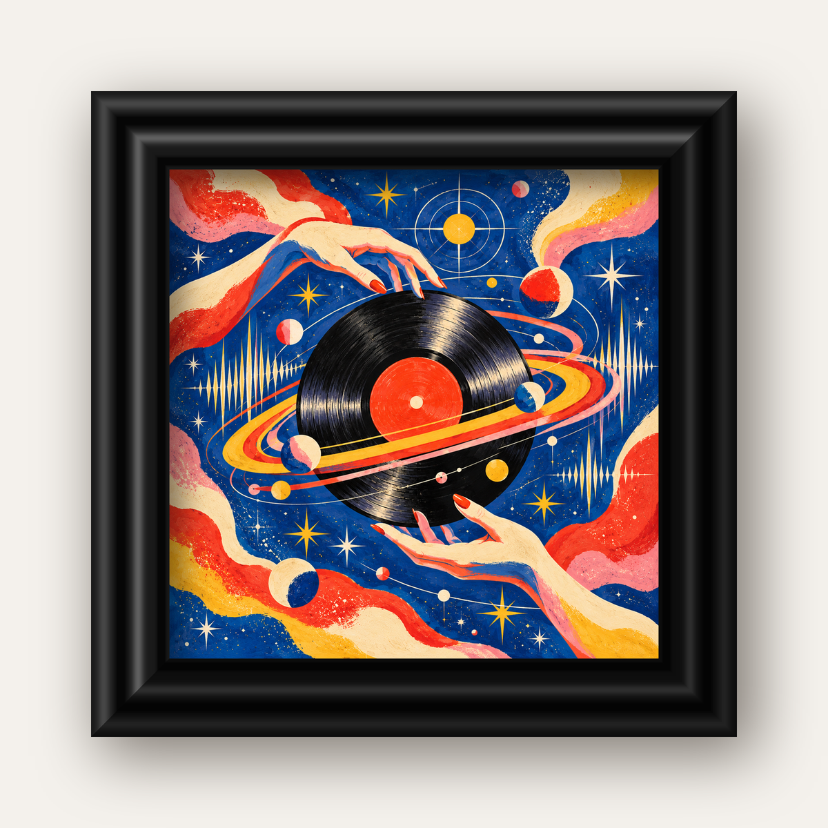 Uzay ve Plak Temalı Retro-Fütüristik Poster Baskı — siyah galeri çerçeveli