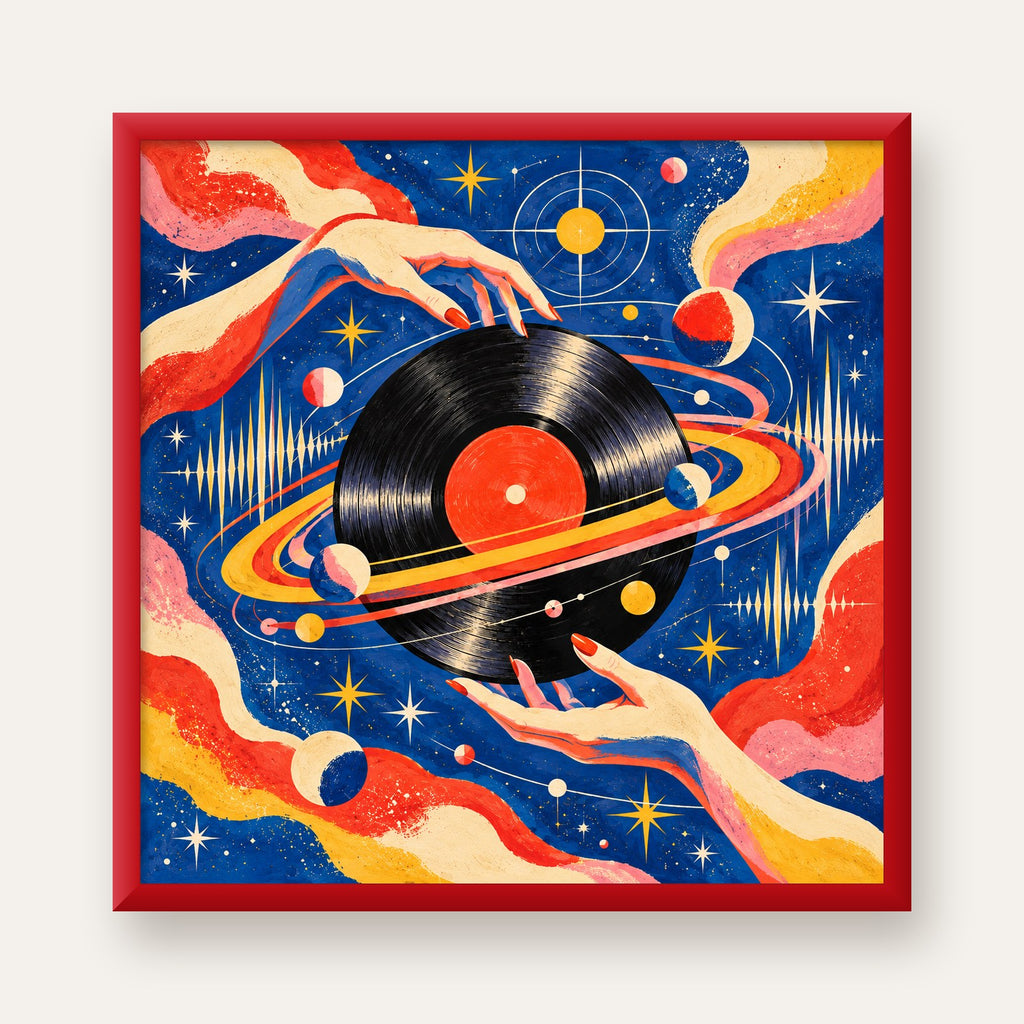 Uzay ve Plak Temalı Retro-Fütüristik Poster Baskı — kırmızı çerçeveli