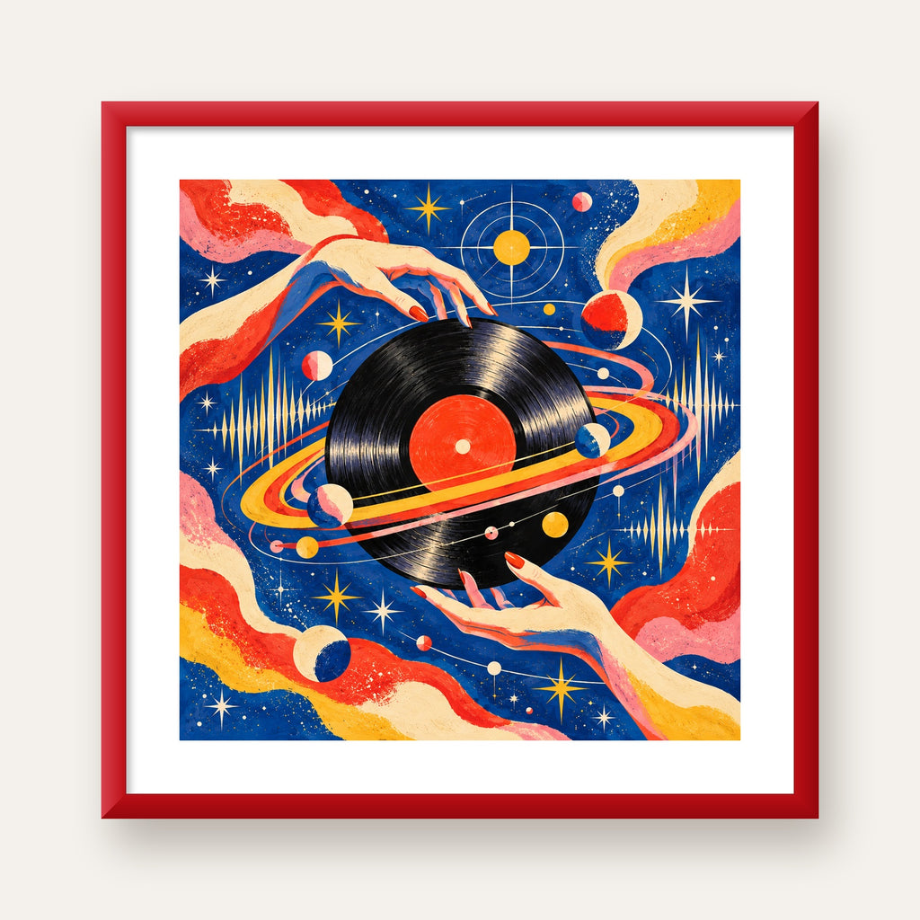 Uzay ve Plak Temalı Retro-Fütüristik Poster Baskı — kırmızı çerçeveli paspartulu