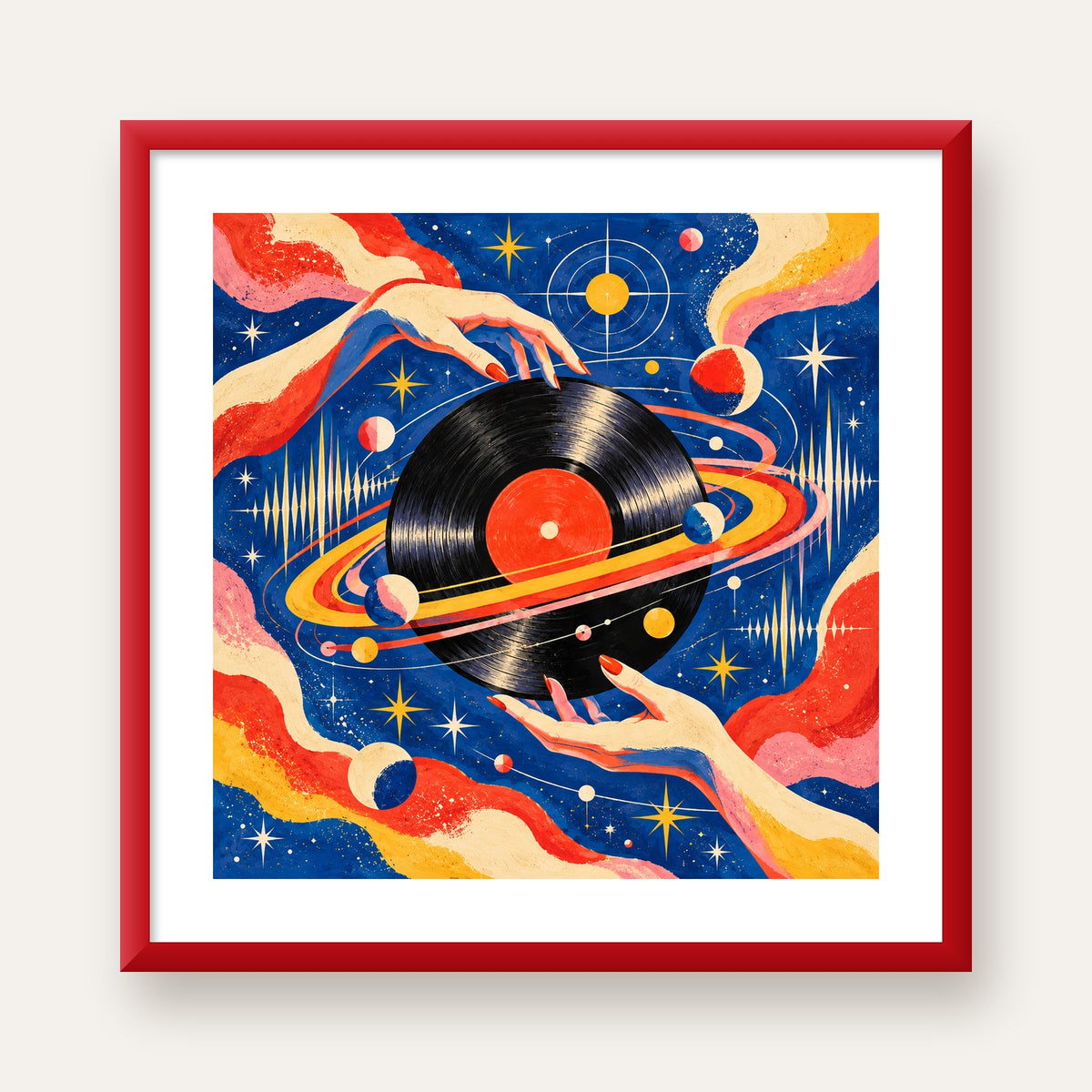 Uzay ve Plak Temalı Retro-Fütüristik Poster Baskı — kırmızı çerçeveli paspartulu