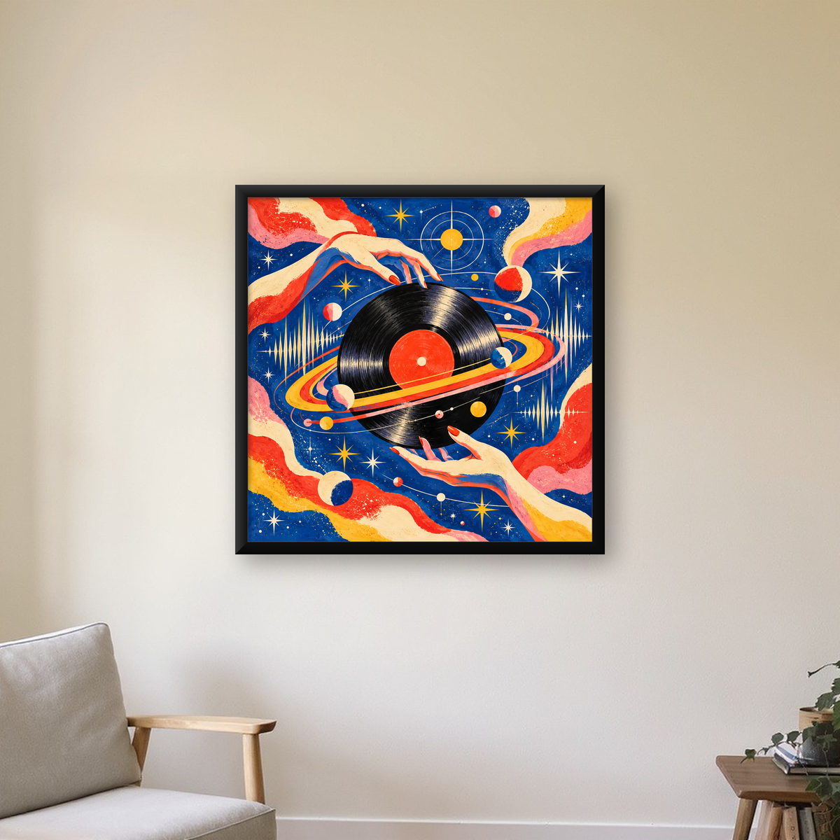 Uzay ve Plak Temalı Retro-Fütüristik Poster Baskı — Kare baskı, çerçeveli hâliyle bir ev duvarında