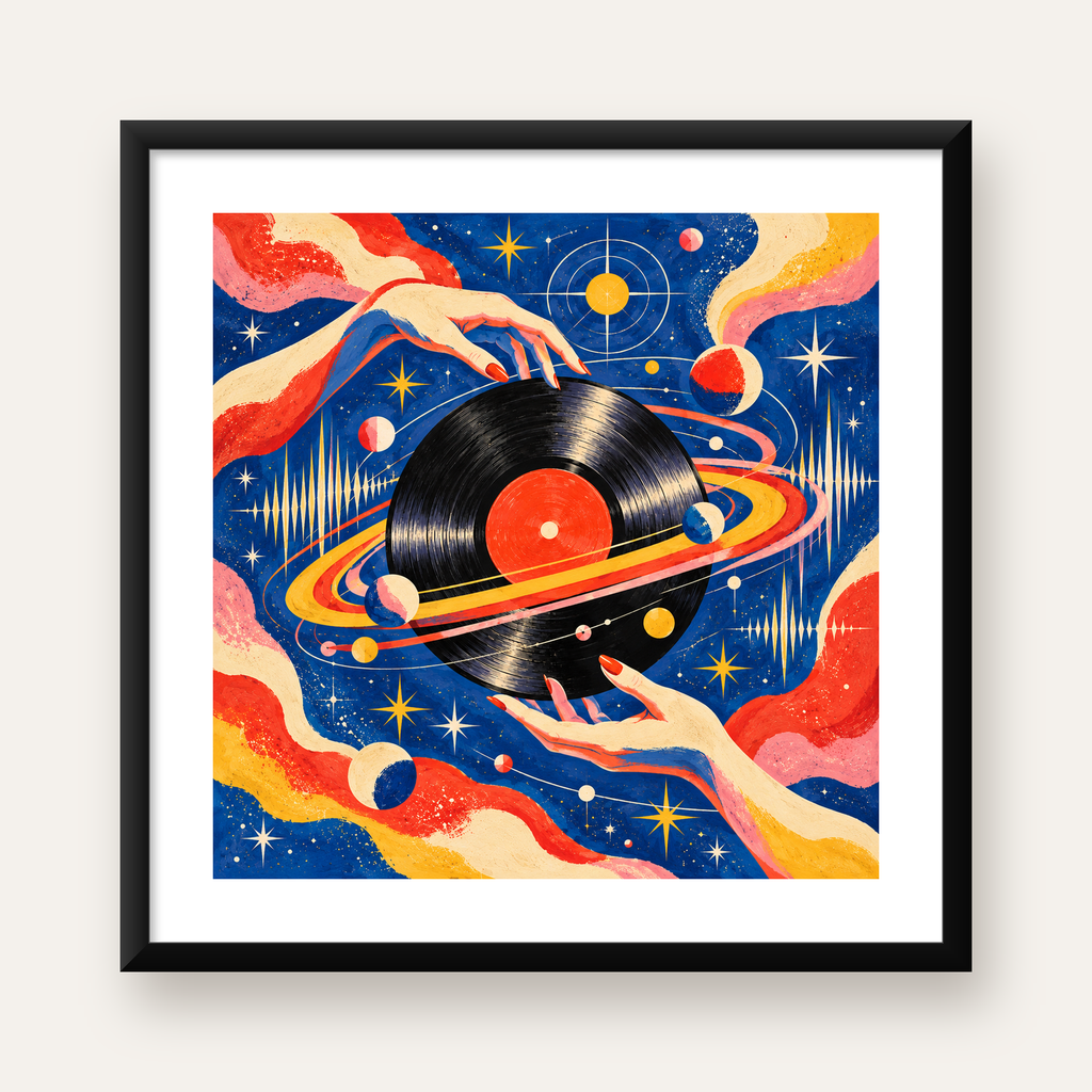 Uzay ve Plak Temalı Retro-Fütüristik Poster Baskı — Kare baskı, beyaz paspartulu