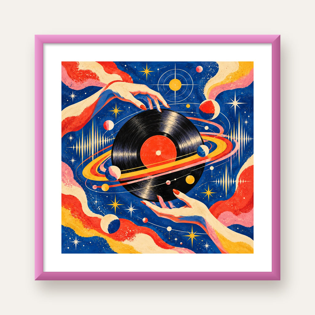 Uzay ve Plak Temalı Retro-Fütüristik Poster Baskı — pembe çerçeveli paspartulu