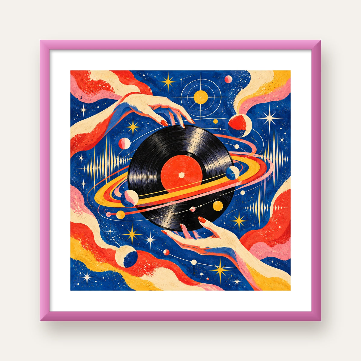Uzay ve Plak Temalı Retro-Fütüristik Poster Baskı — pembe çerçeveli paspartulu