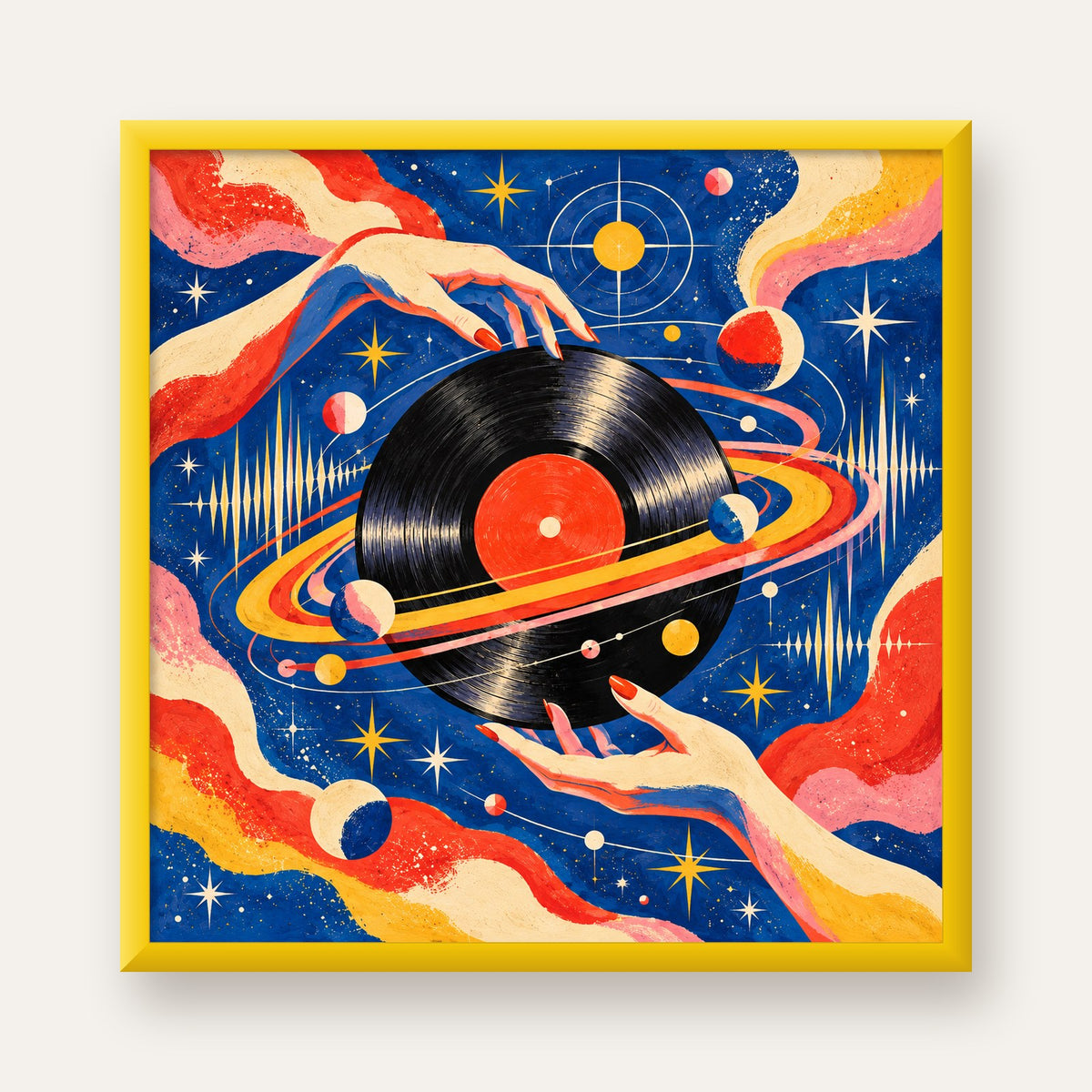 Uzay ve Plak Temalı Retro-Fütüristik Poster Baskı — sarı çerçeveli