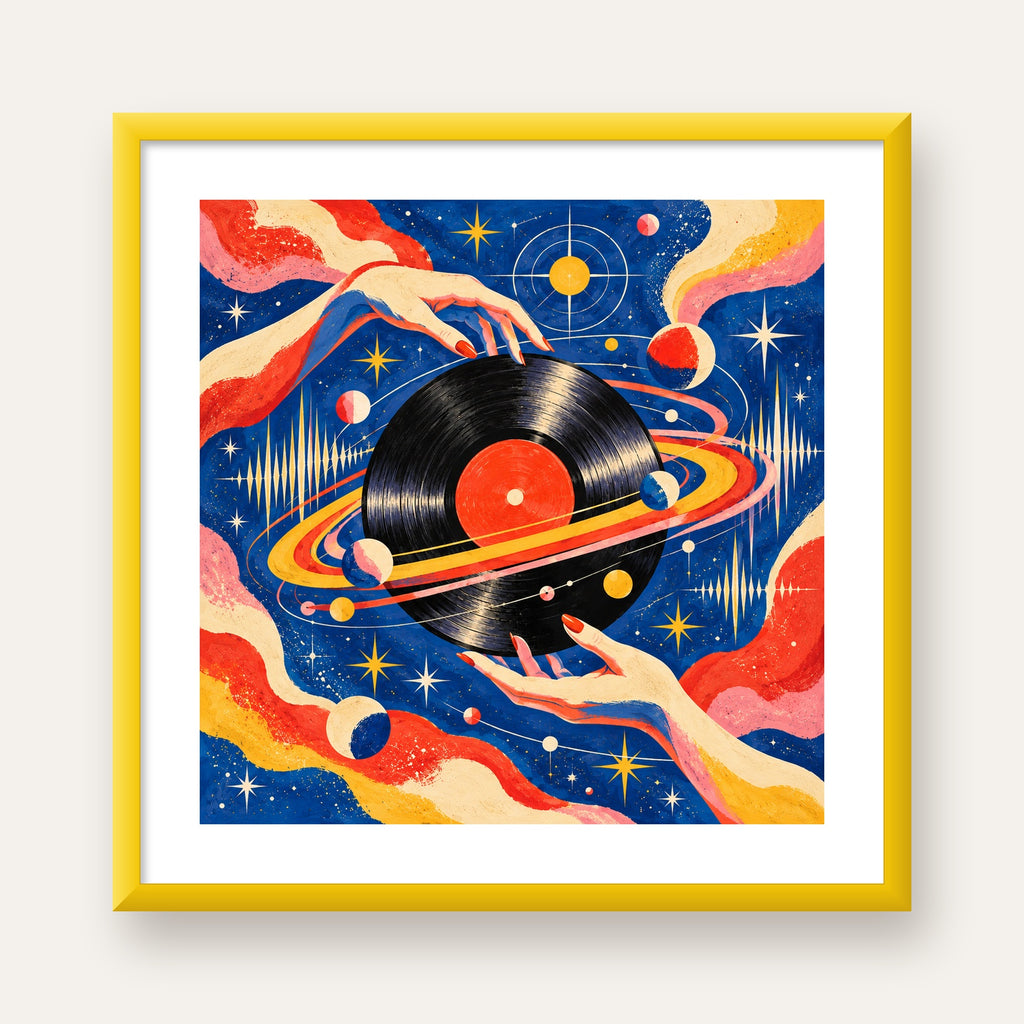 Uzay ve Plak Temalı Retro-Fütüristik Poster Baskı — sarı çerçeveli paspartulu