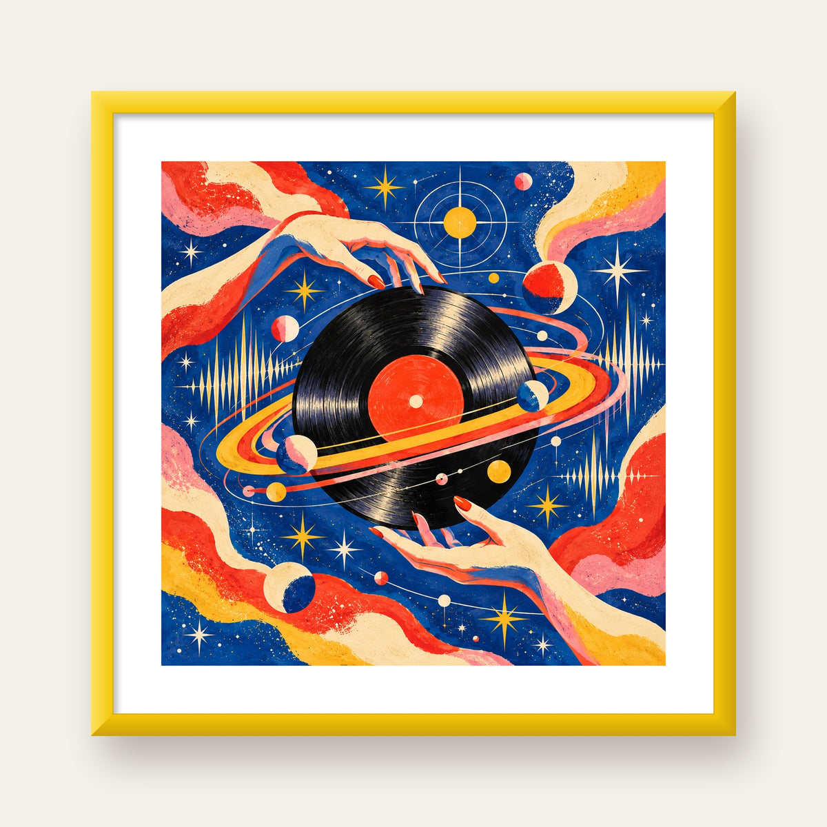 Uzay ve Plak Temalı Retro-Fütüristik Poster Baskı — sarı çerçeveli paspartulu