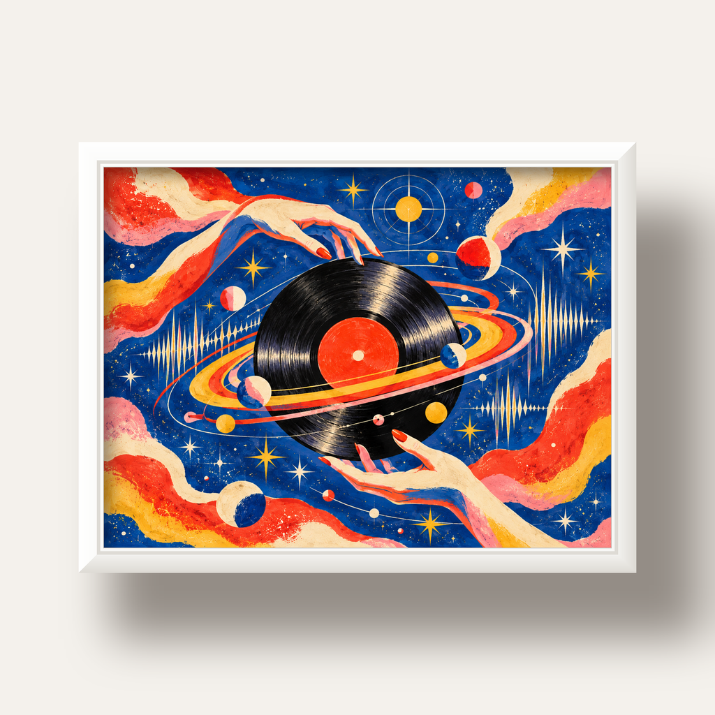 Uzay ve Plak Temalı Retro-Fütüristik Poster Baskı — beyaz derin çerçeveli