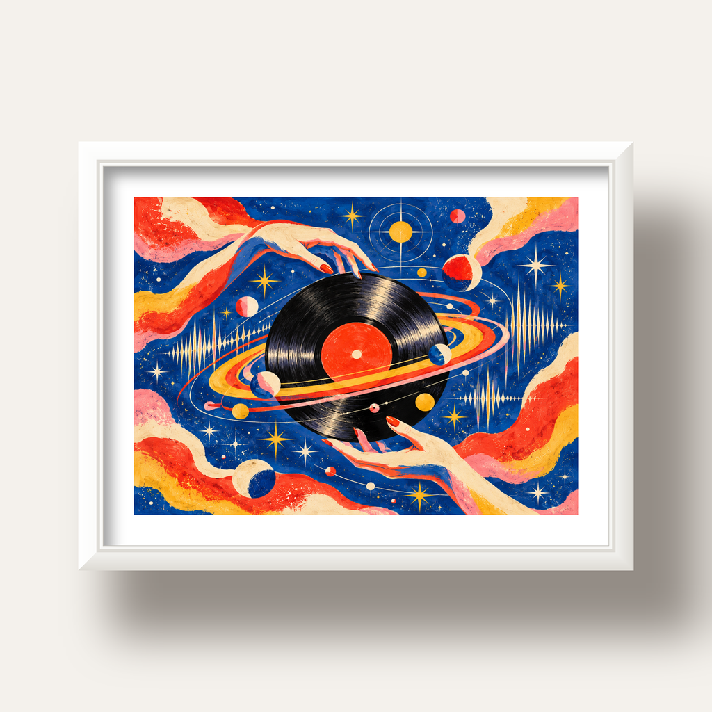 Uzay ve Plak Temalı Retro-Fütüristik Poster Baskı — beyaz derin çerçeveli paspartulu