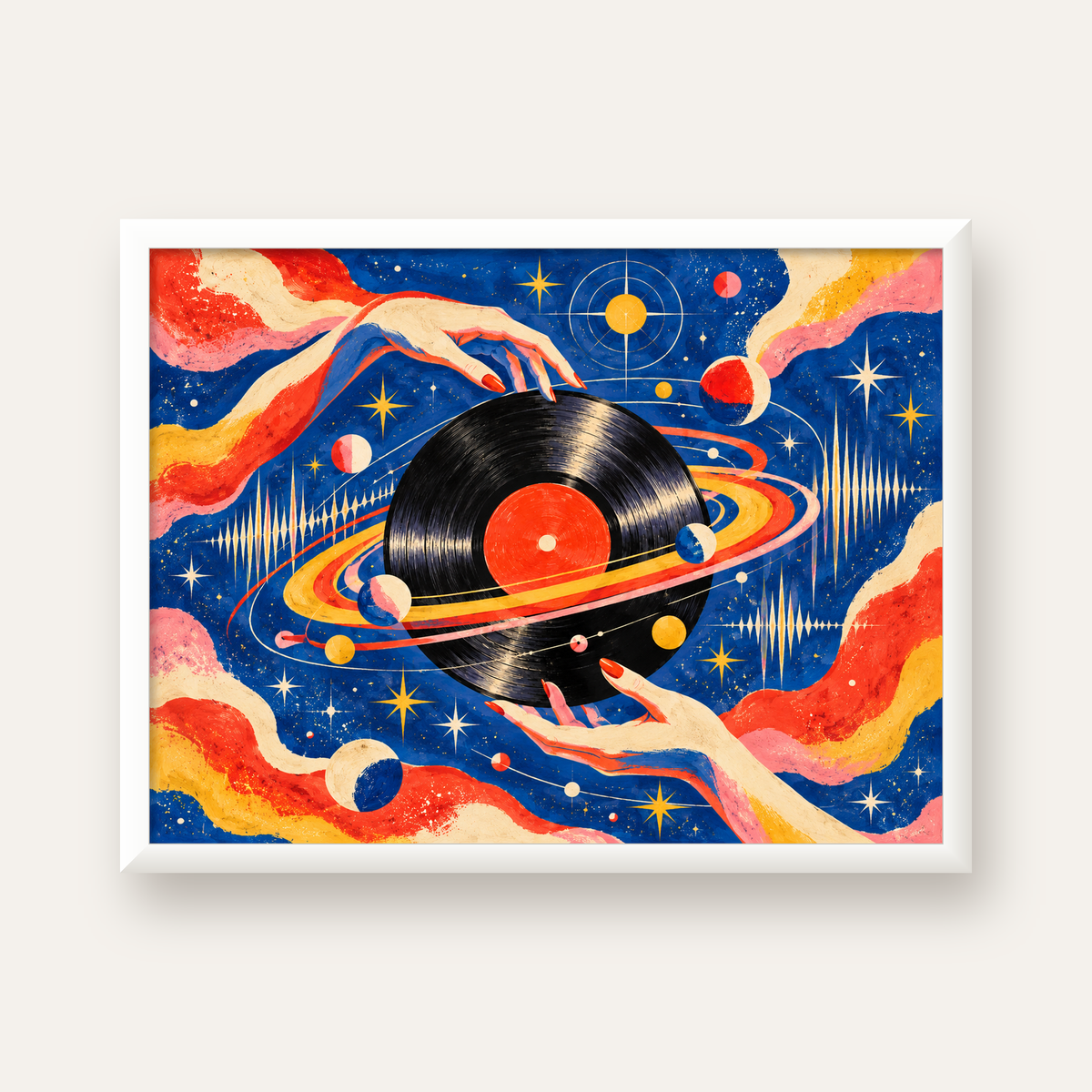 Uzay ve Plak Temalı Retro-Fütüristik Poster Baskı — beyaz çerçeveli yatay poster