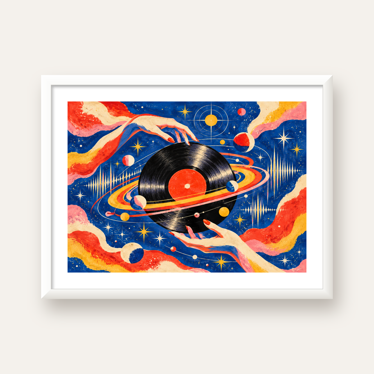 Uzay ve Plak Temalı Retro-Fütüristik Poster Baskı — beyaz çerçeveli yatay poster
