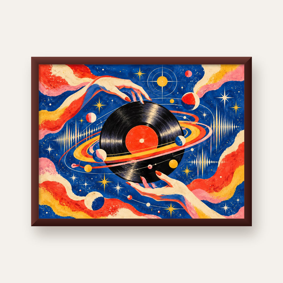 Uzay ve Plak Temalı Retro-Fütüristik Poster Baskı — ceviz çerçeveli