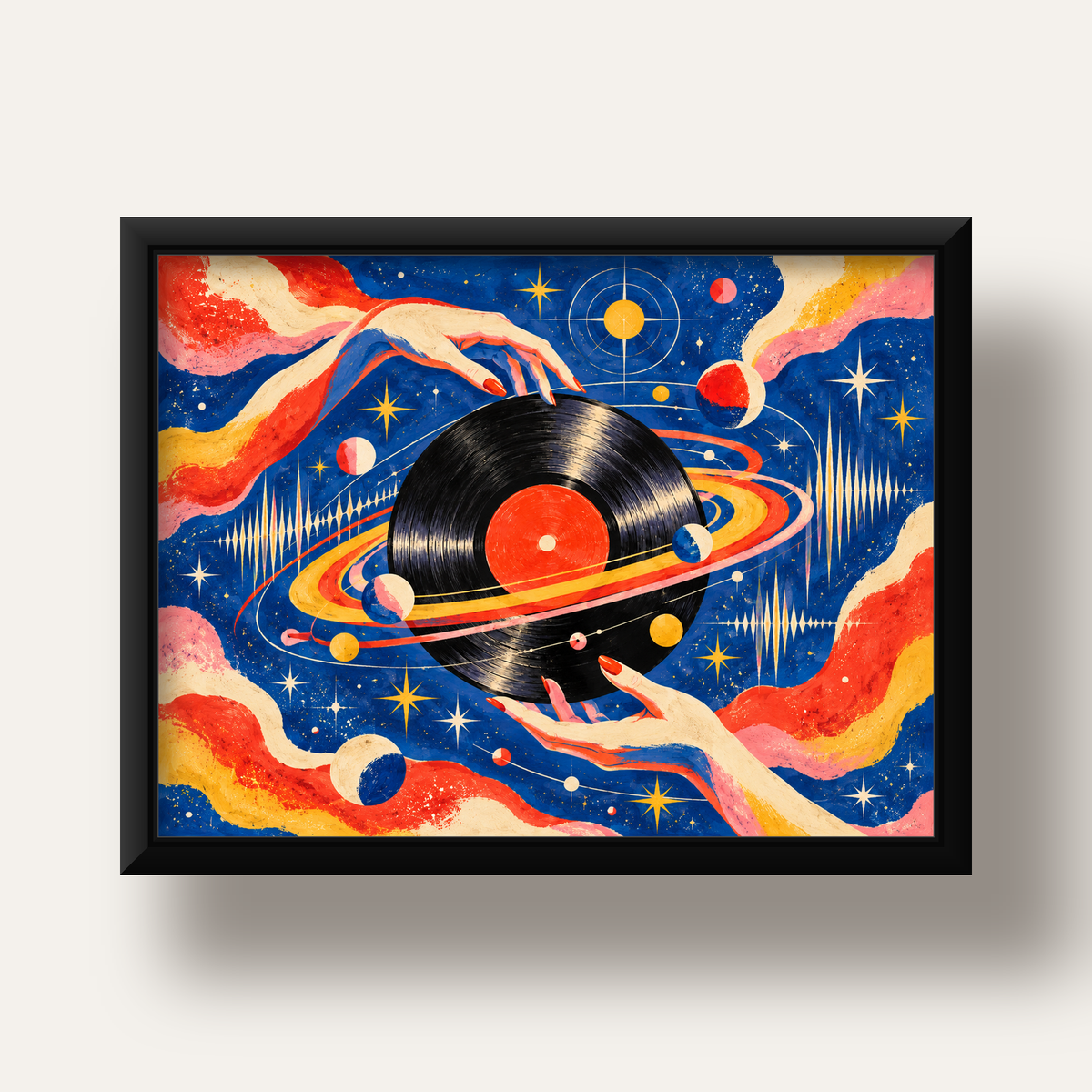 Uzay ve Plak Temalı Retro-Fütüristik Poster Baskı — siyah derin çerçeveli