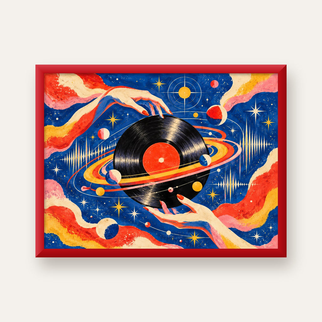 Uzay ve Plak Temalı Retro-Fütüristik Poster Baskı — kırmızı çerçeveli