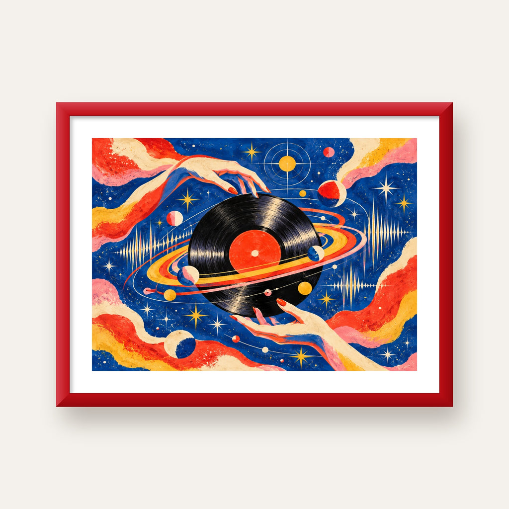 Uzay ve Plak Temalı Retro-Fütüristik Poster Baskı — kırmızı çerçeveli paspartulu