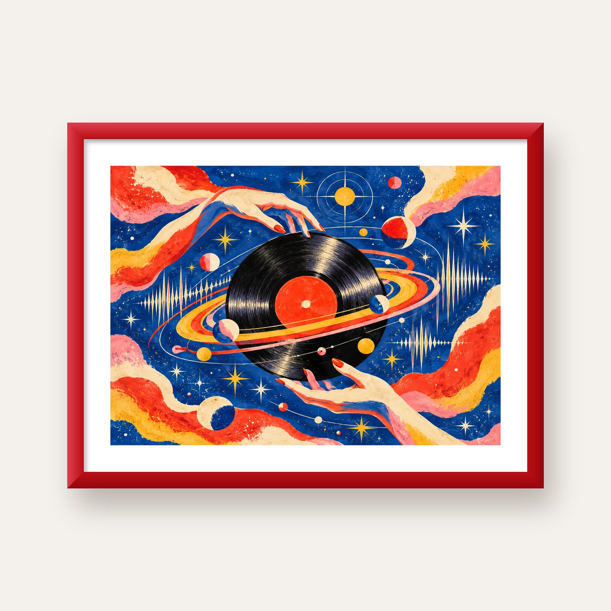 Uzay ve Plak Temalı Retro-Fütüristik Poster Baskı — kırmızı çerçeveli paspartulu