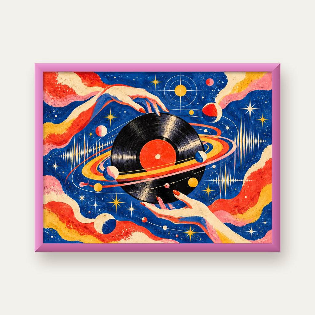 Uzay ve Plak Temalı Retro-Fütüristik Poster Baskı — pembe çerçeveli