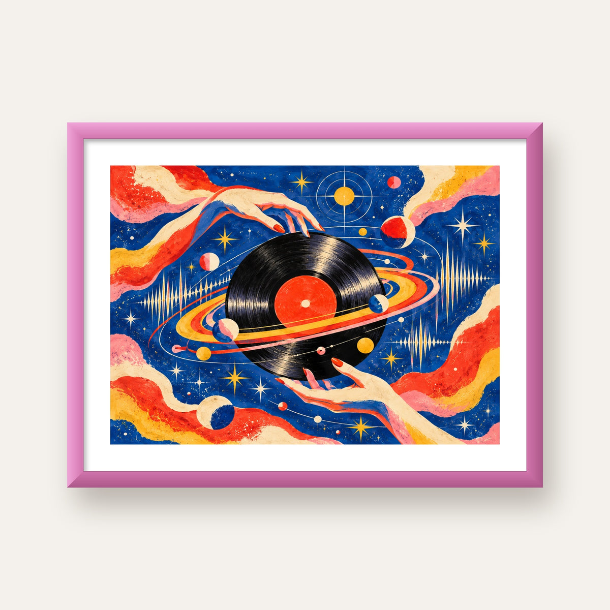 Uzay ve Plak Temalı Retro-Fütüristik Poster Baskı — pembe çerçeveli paspartulu