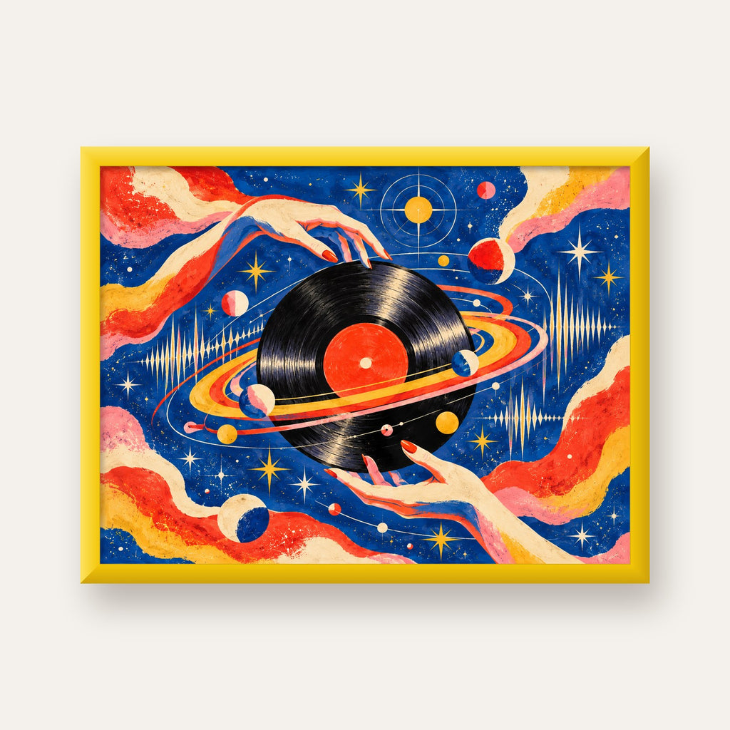 Uzay ve Plak Temalı Retro-Fütüristik Poster Baskı — sarı çerçeveli