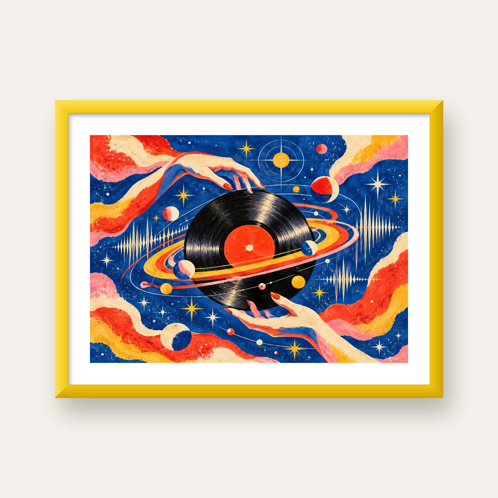 Uzay ve Plak Temalı Retro-Fütüristik Poster Baskı — sarı çerçeveli paspartulu