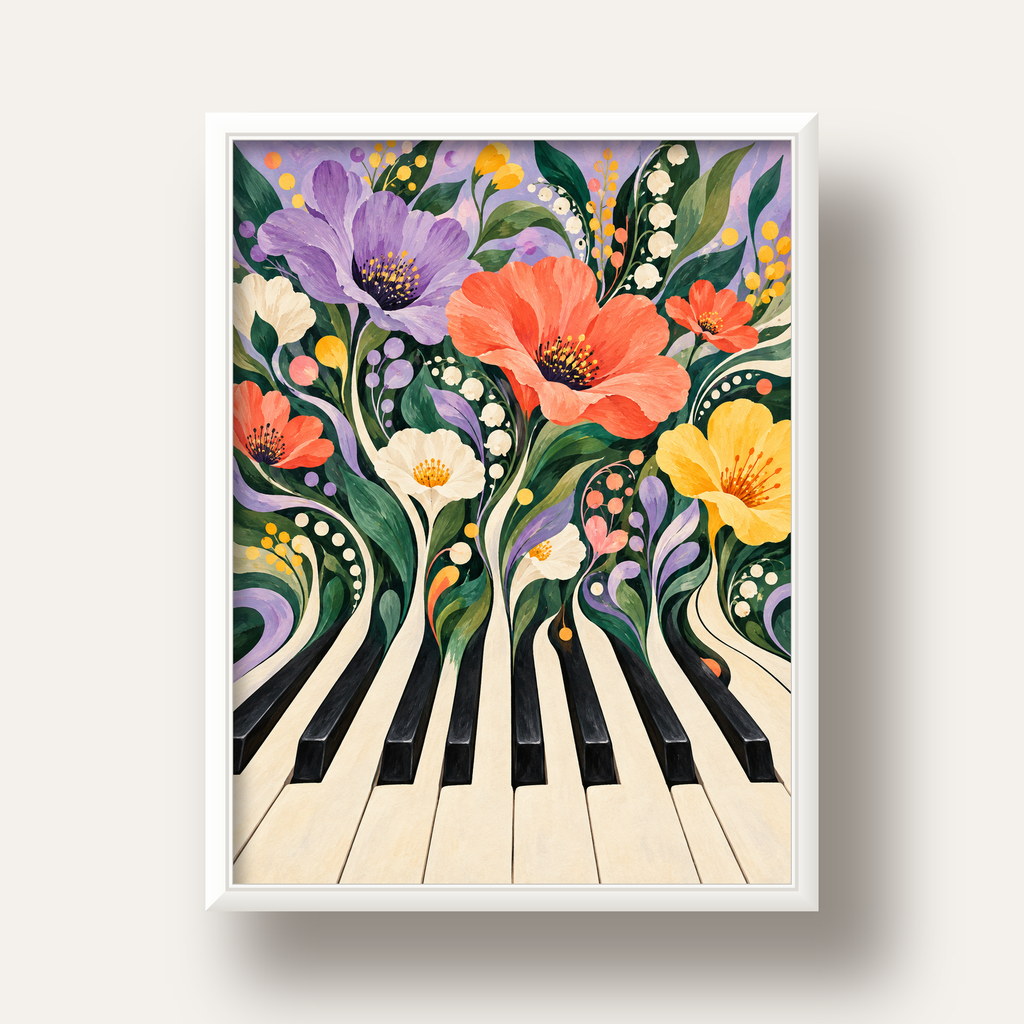 Çiçekli Piyano İllüstrasyonu Poster – Pastel Duvar Dekoru — beyaz derin çerçeveli