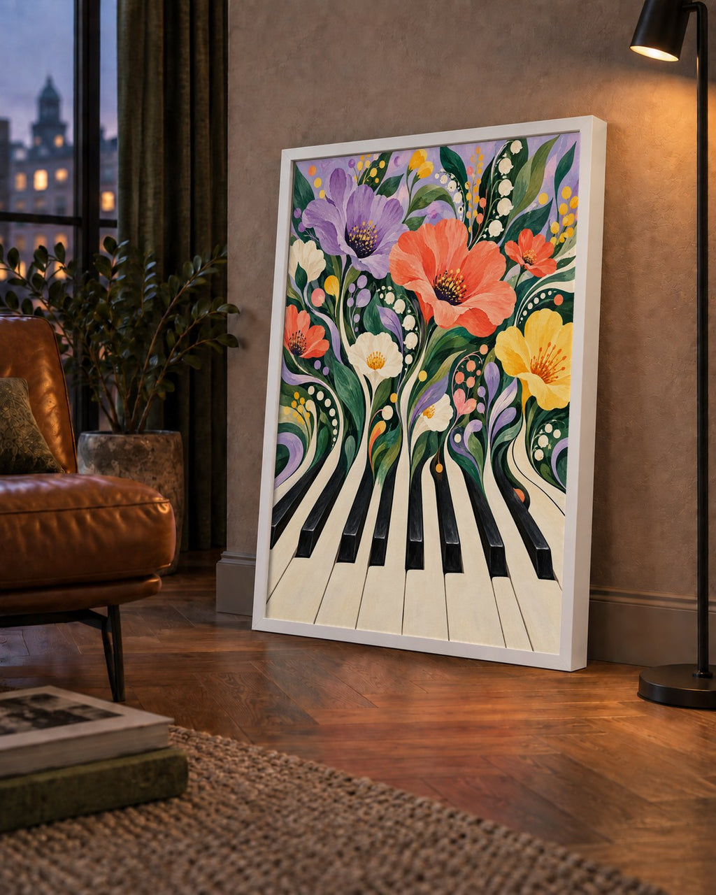 Çiçekli Piyano İllüstrasyonu Poster – Pastel Duvar Dekoru — çerçeveli hâliyle bir ev duvarında
