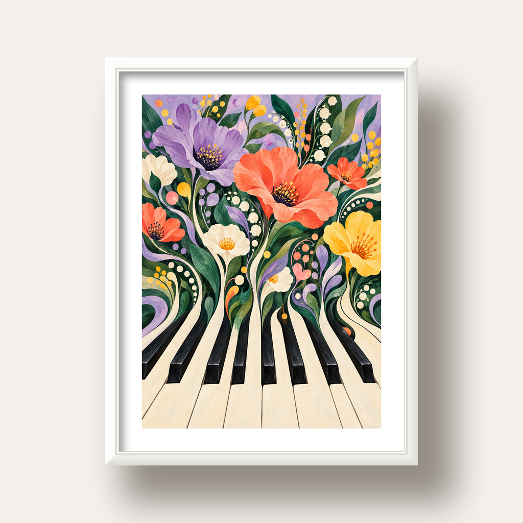 Çiçekli Piyano İllüstrasyonu Poster – Pastel Duvar Dekoru — beyaz derin çerçeveli paspartulu
