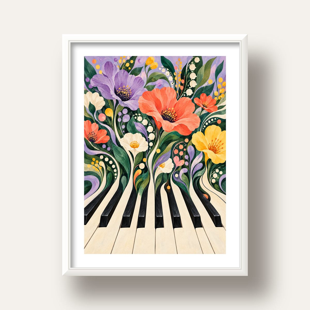 Çiçekli Piyano İllüstrasyonu Poster – Pastel Duvar Dekoru — beyaz derin çerçeveli paspartulu