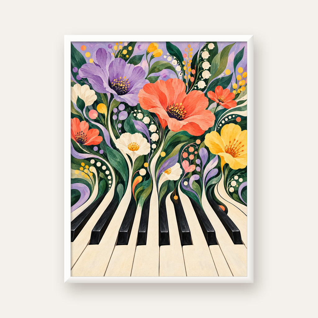 Çiçekli Piyano İllüstrasyonu Poster – Pastel Duvar Dekoru — beyaz çerçeveli dikey poster