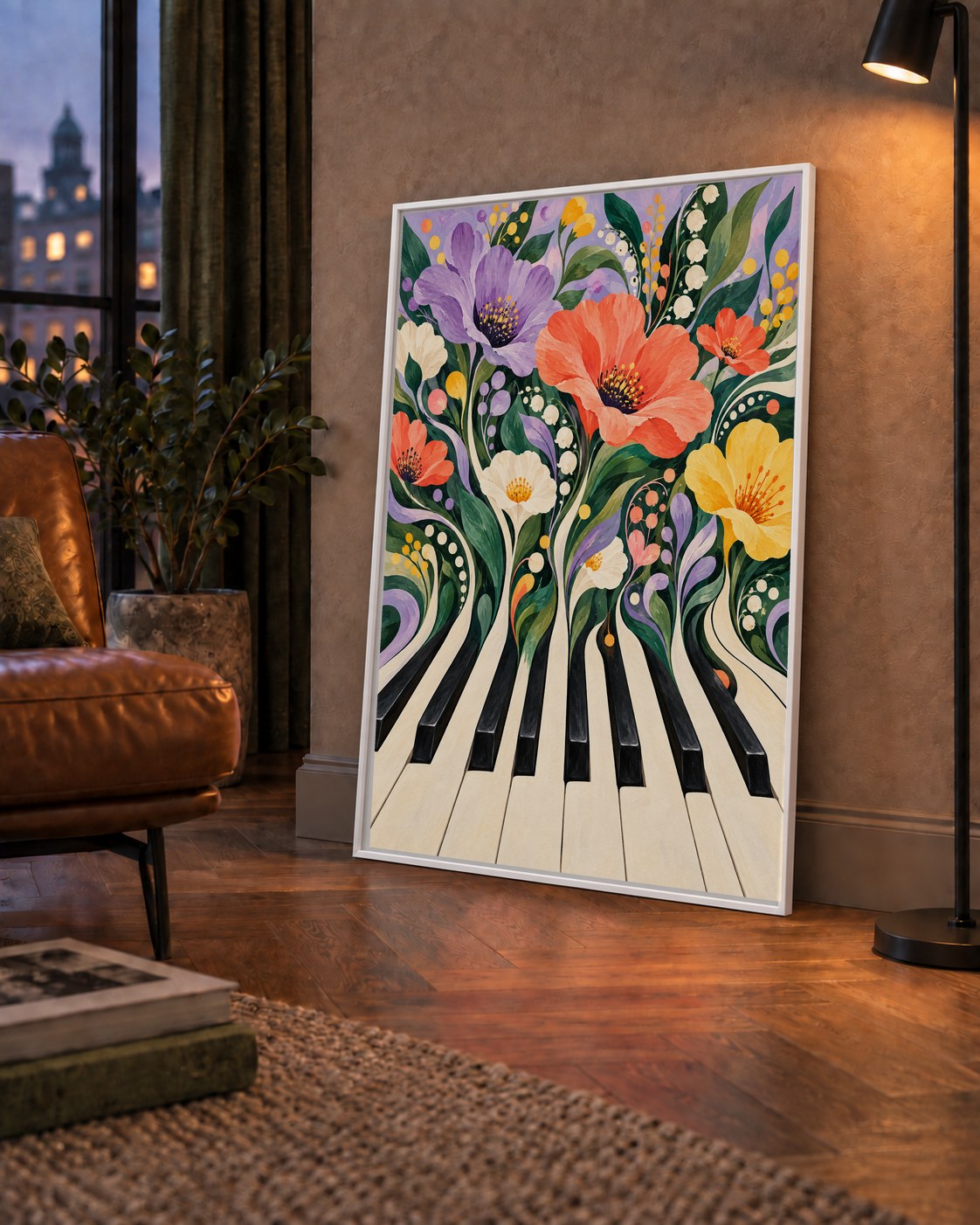 Çiçekli Piyano İllüstrasyonu Poster – Pastel Duvar Dekoru — çerçeveli hâliyle bir ev duvarında