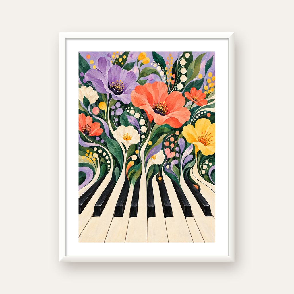 Çiçekli Piyano İllüstrasyonu Poster – Pastel Duvar Dekoru — beyaz çerçeveli dikey poster