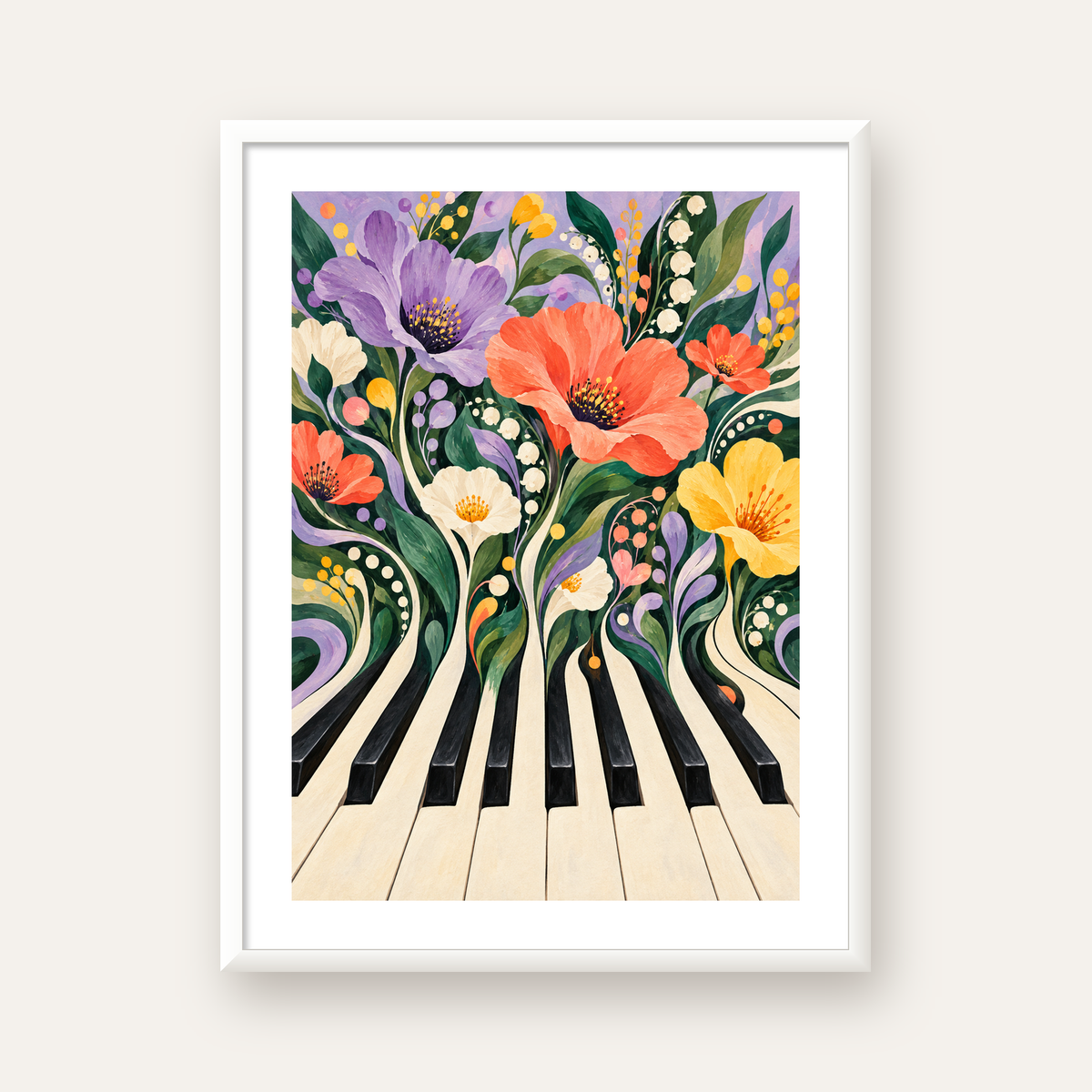 Çiçekli Piyano İllüstrasyonu Poster – Pastel Duvar Dekoru — beyaz çerçeveli dikey poster