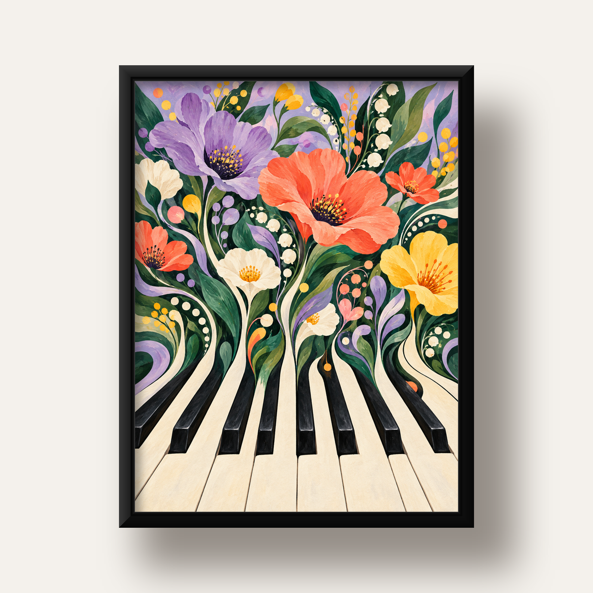 Çiçekli Piyano İllüstrasyonu Poster – Pastel Duvar Dekoru — siyah derin çerçeveli