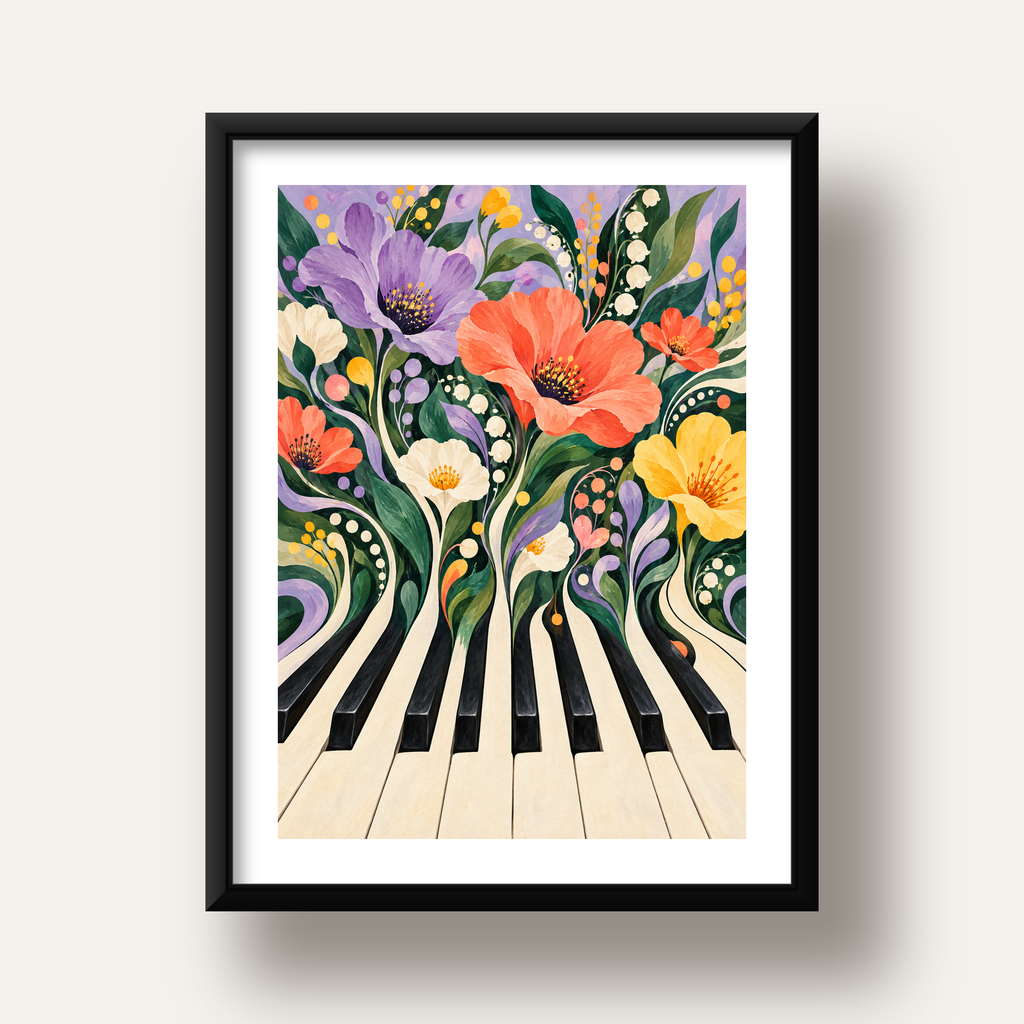 Çiçekli Piyano İllüstrasyonu Poster – Pastel Duvar Dekoru — siyah derin çerçeveli paspartulu