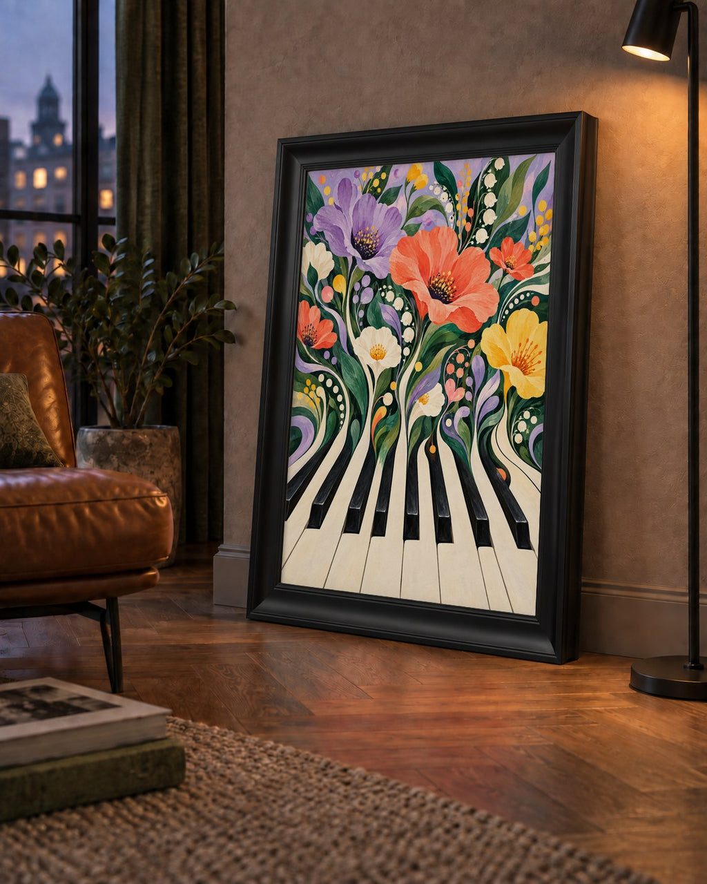 Çiçekli Piyano İllüstrasyonu Poster – Pastel Duvar Dekoru — çerçeveli hâliyle bir ev duvarında