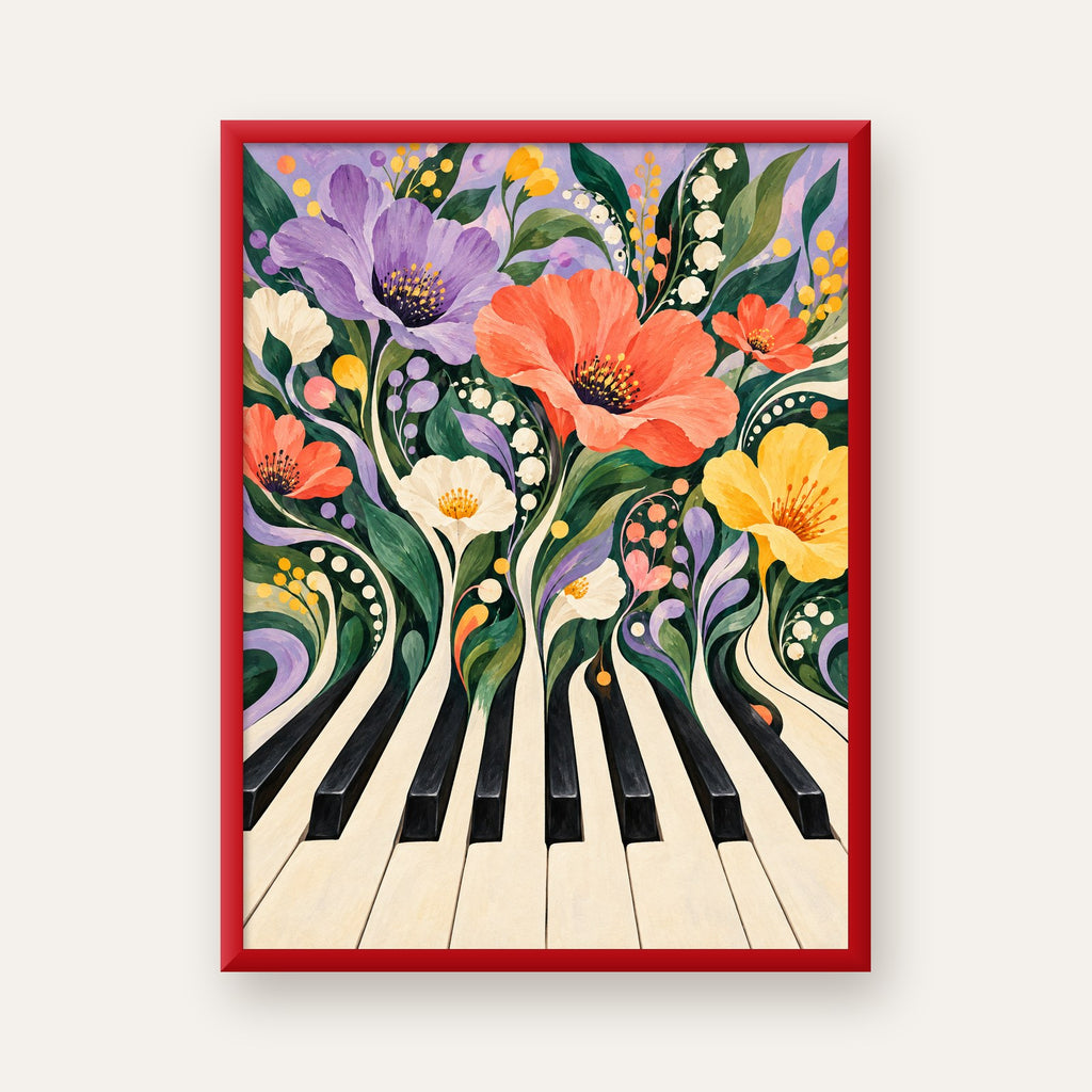 Çiçekli Piyano İllüstrasyonu Poster – Pastel Duvar Dekoru — kırmızı çerçeveli