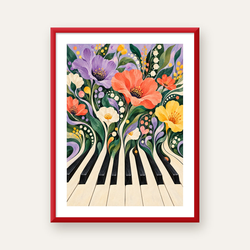 Çiçekli Piyano İllüstrasyonu Poster – Pastel Duvar Dekoru — kırmızı çerçeveli paspartulu