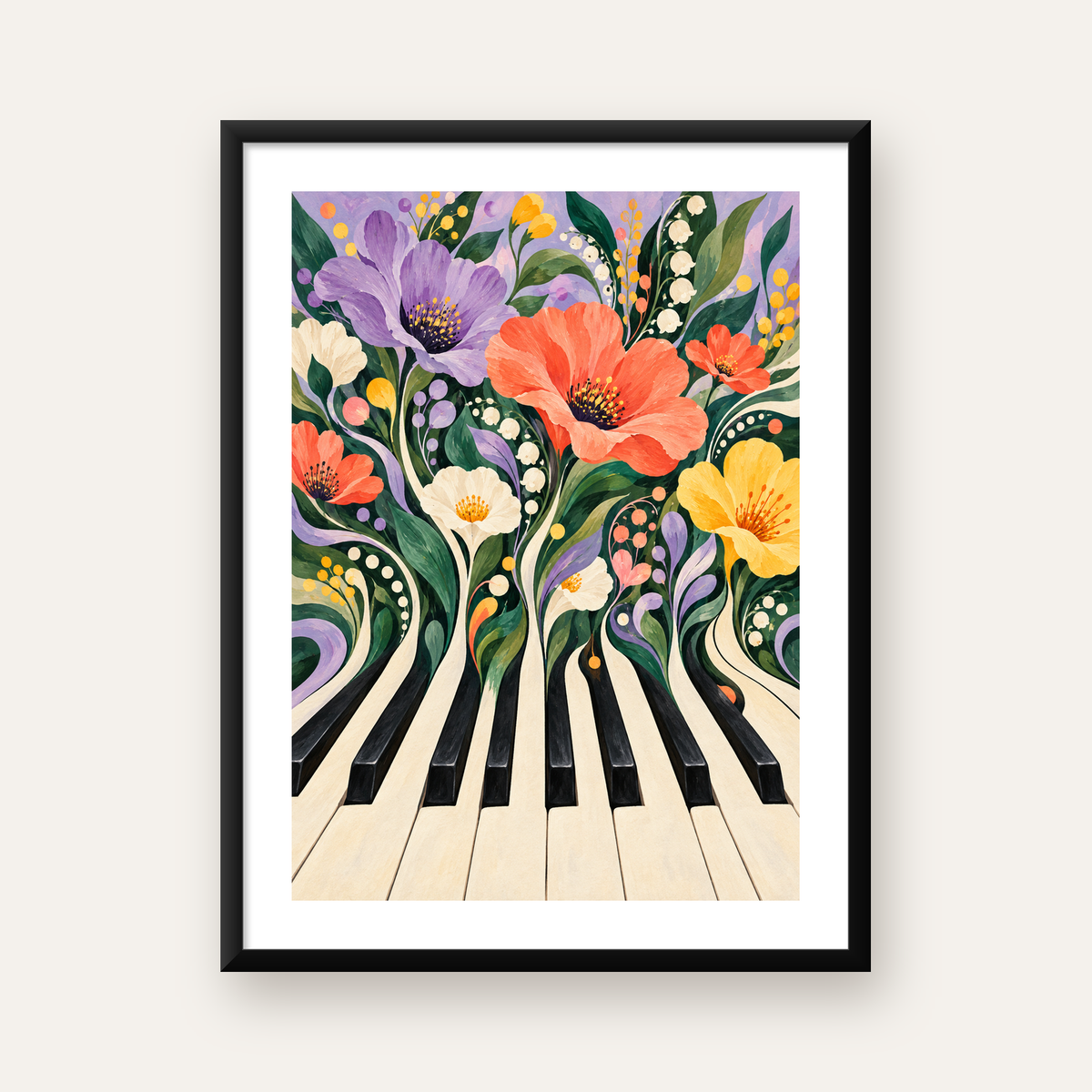 Çiçekli Piyano İllüstrasyonu Poster – Pastel Duvar Dekoru — Dikey baskı, beyaz paspartulu