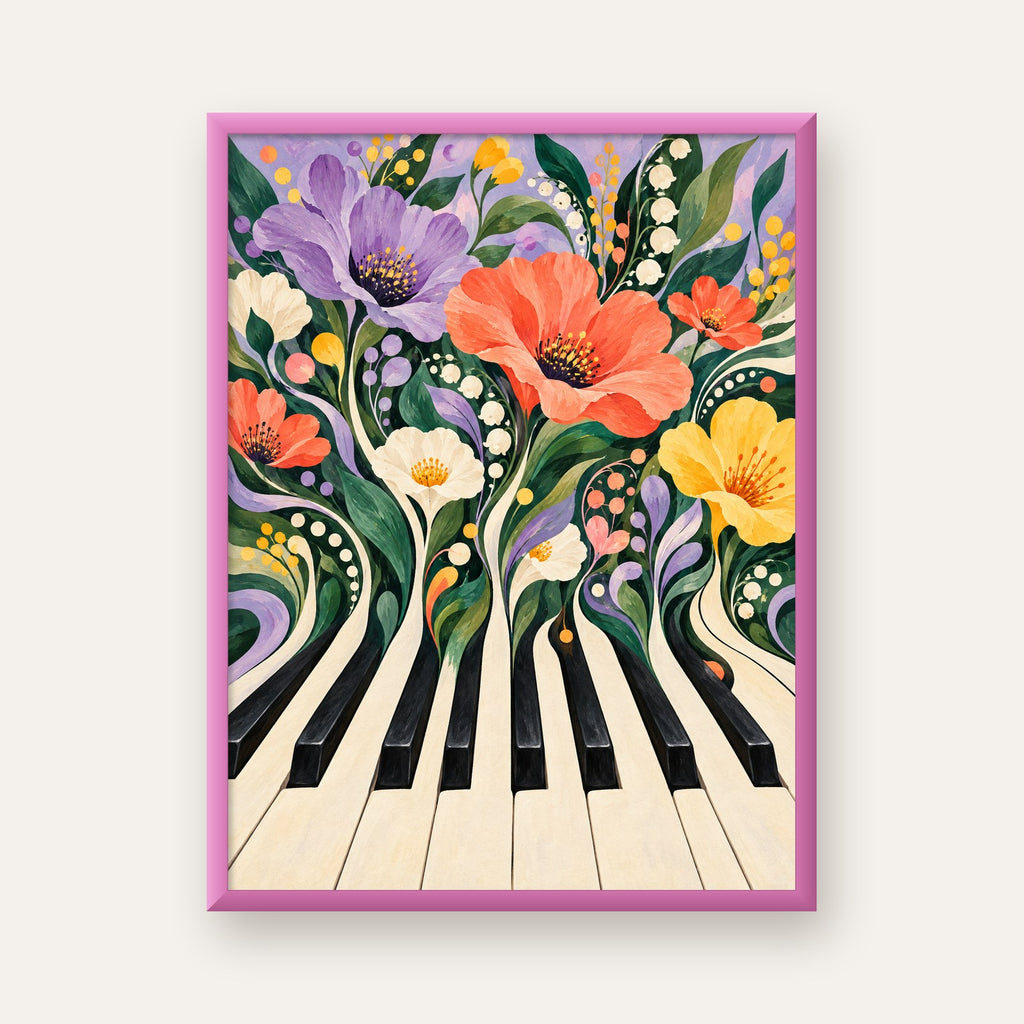 Çiçekli Piyano İllüstrasyonu Poster – Pastel Duvar Dekoru — pembe çerçeveli