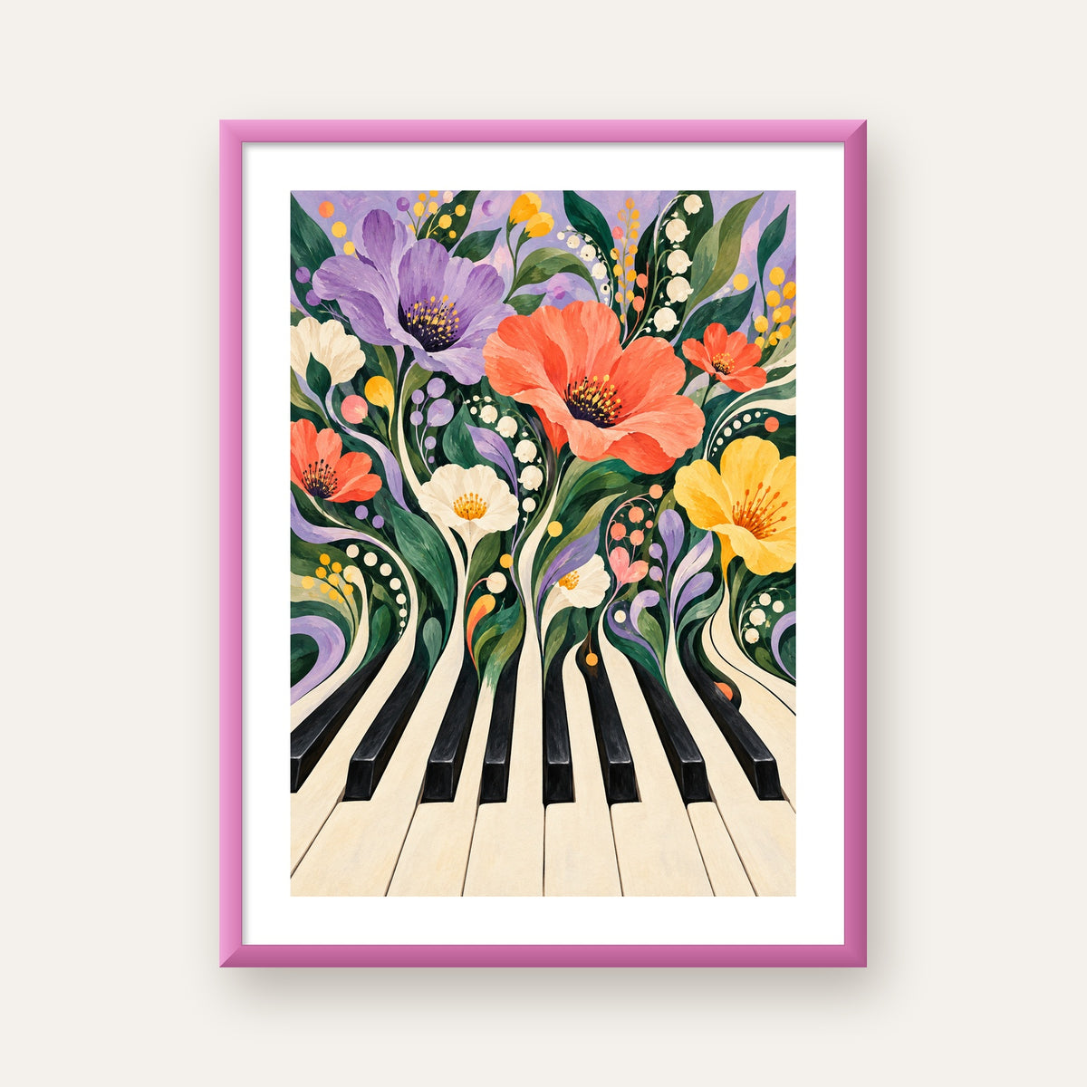 Çiçekli Piyano İllüstrasyonu Poster – Pastel Duvar Dekoru — pembe çerçeveli paspartulu