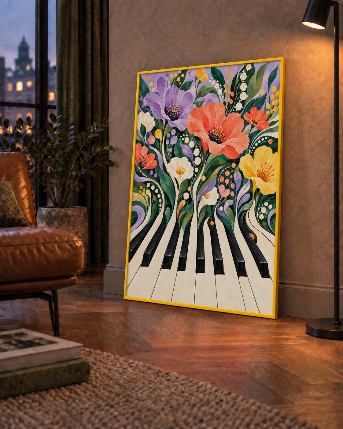 Çiçekli Piyano İllüstrasyonu Poster – Pastel Duvar Dekoru — çerçeveli hâliyle bir ev duvarında