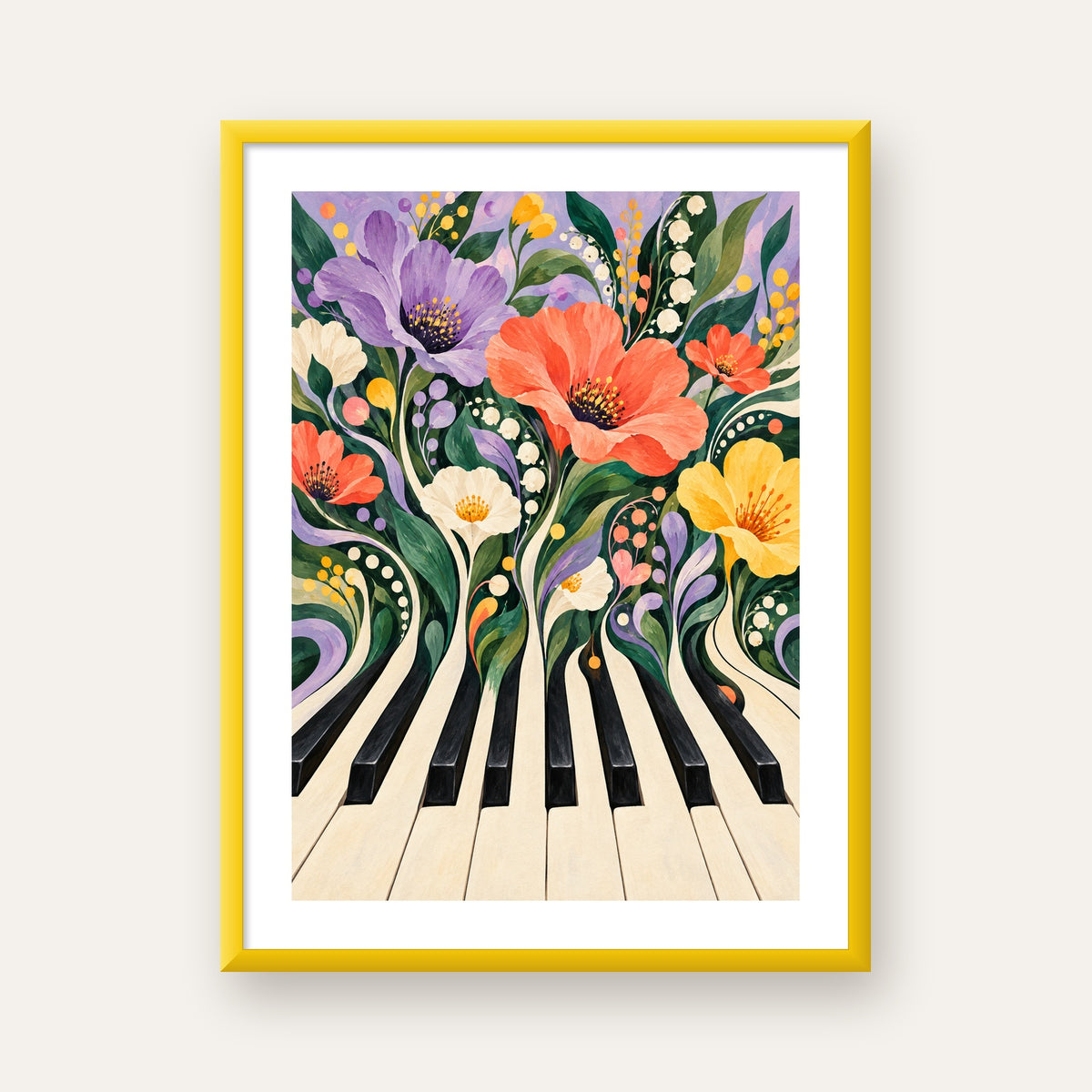 Çiçekli Piyano İllüstrasyonu Poster – Pastel Duvar Dekoru — sarı çerçeveli paspartulu