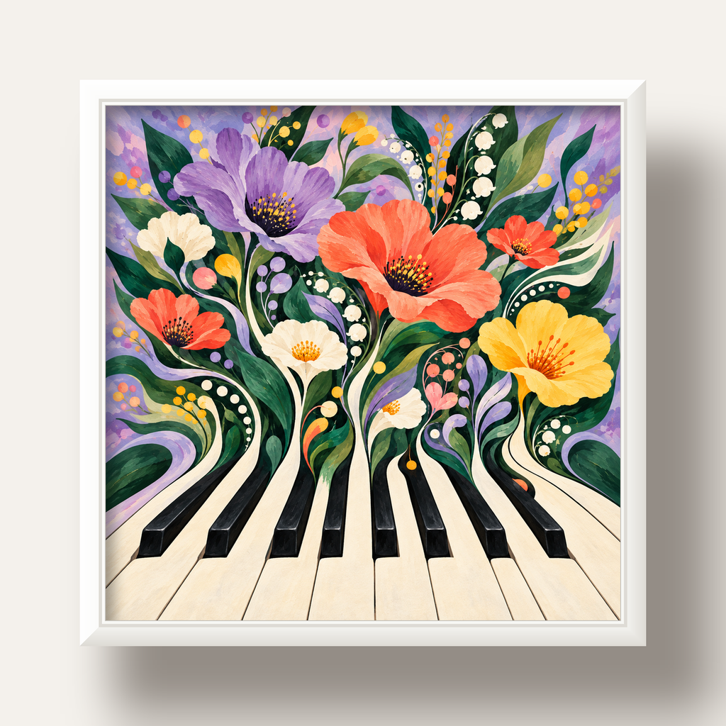 Çiçekli Piyano İllüstrasyonu Poster – Pastel Duvar Dekoru — beyaz derin çerçeveli