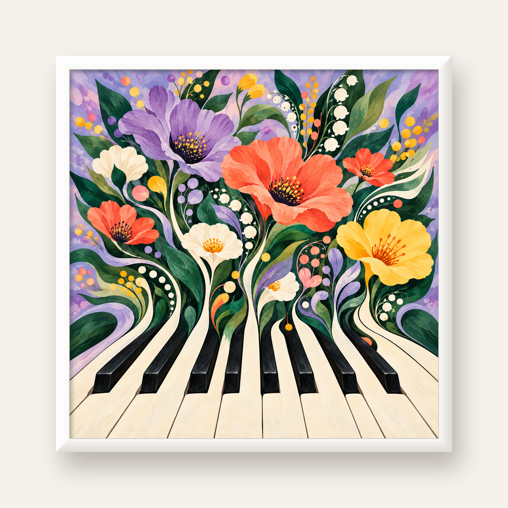 Çiçekli Piyano İllüstrasyonu Poster – Pastel Duvar Dekoru — beyaz çerçeveli kare poster
