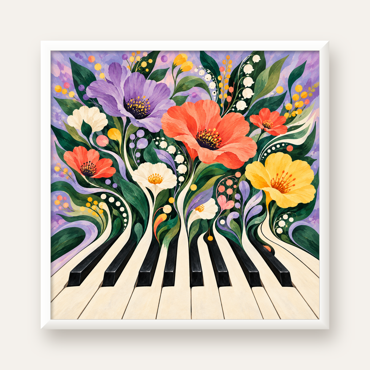 Çiçekli Piyano İllüstrasyonu Poster – Pastel Duvar Dekoru — beyaz çerçeveli kare poster