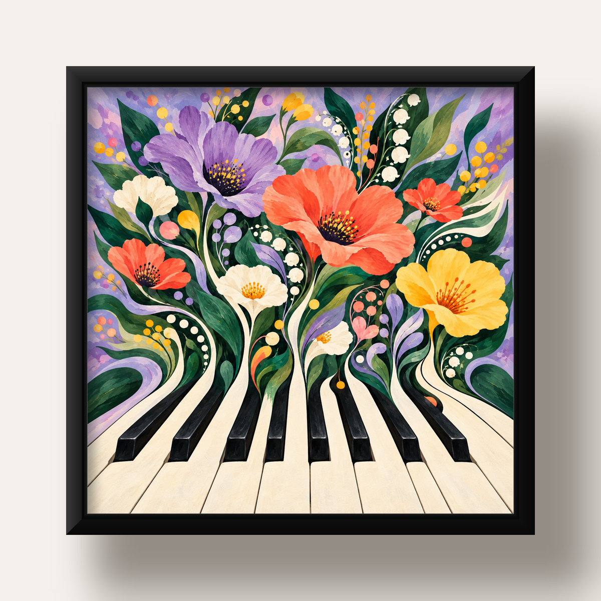Çiçekli Piyano İllüstrasyonu Poster – Pastel Duvar Dekoru — siyah derin çerçeveli