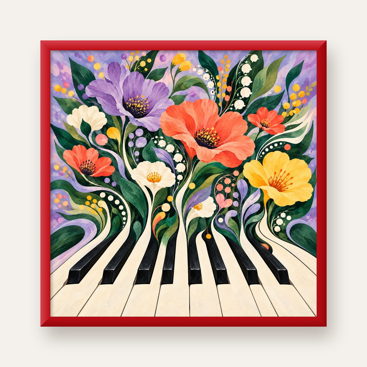 Çiçekli Piyano İllüstrasyonu Poster – Pastel Duvar Dekoru — kırmızı çerçeveli