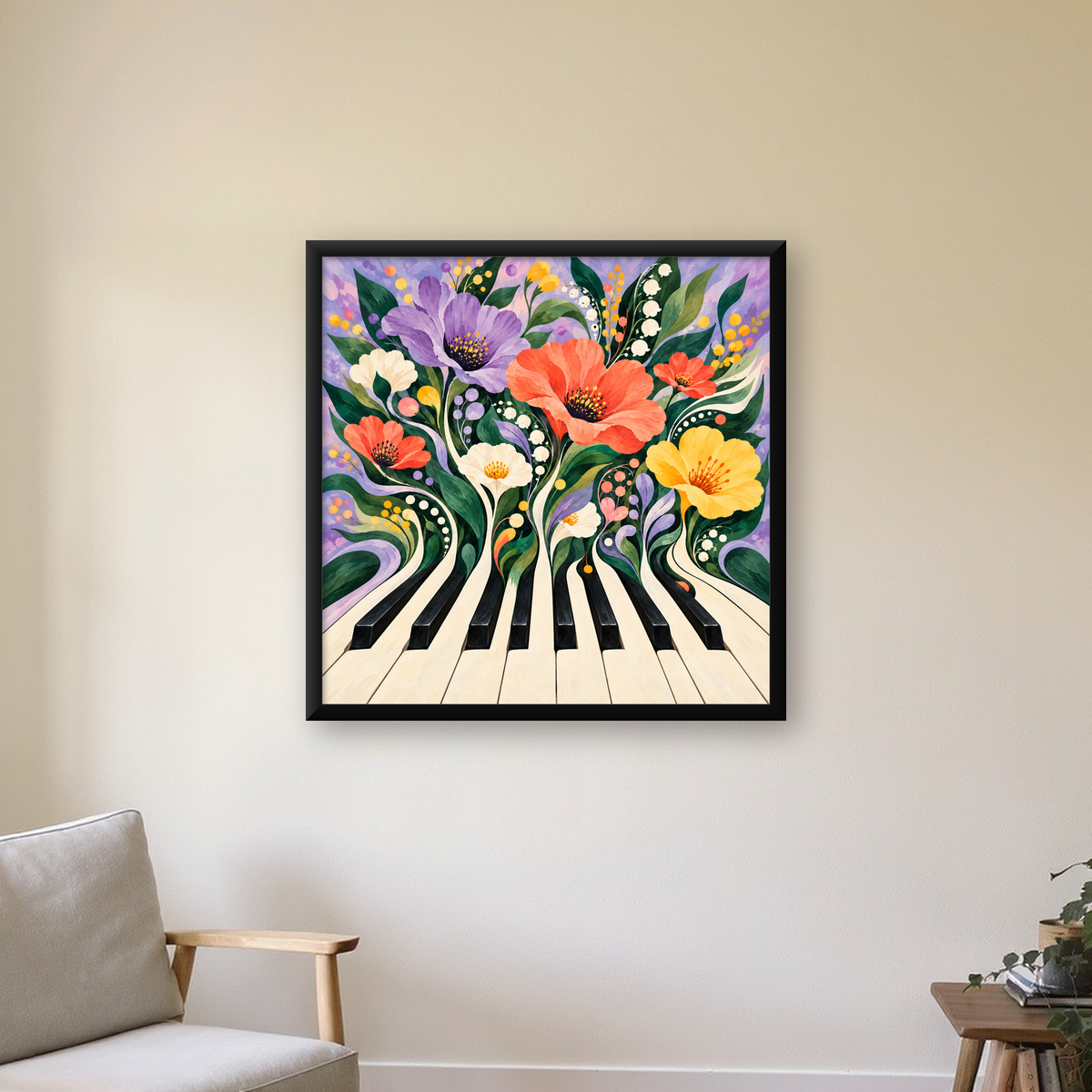 Çiçekli Piyano İllüstrasyonu Poster – Pastel Duvar Dekoru — Kare baskı, çerçeveli hâliyle bir ev duvarında